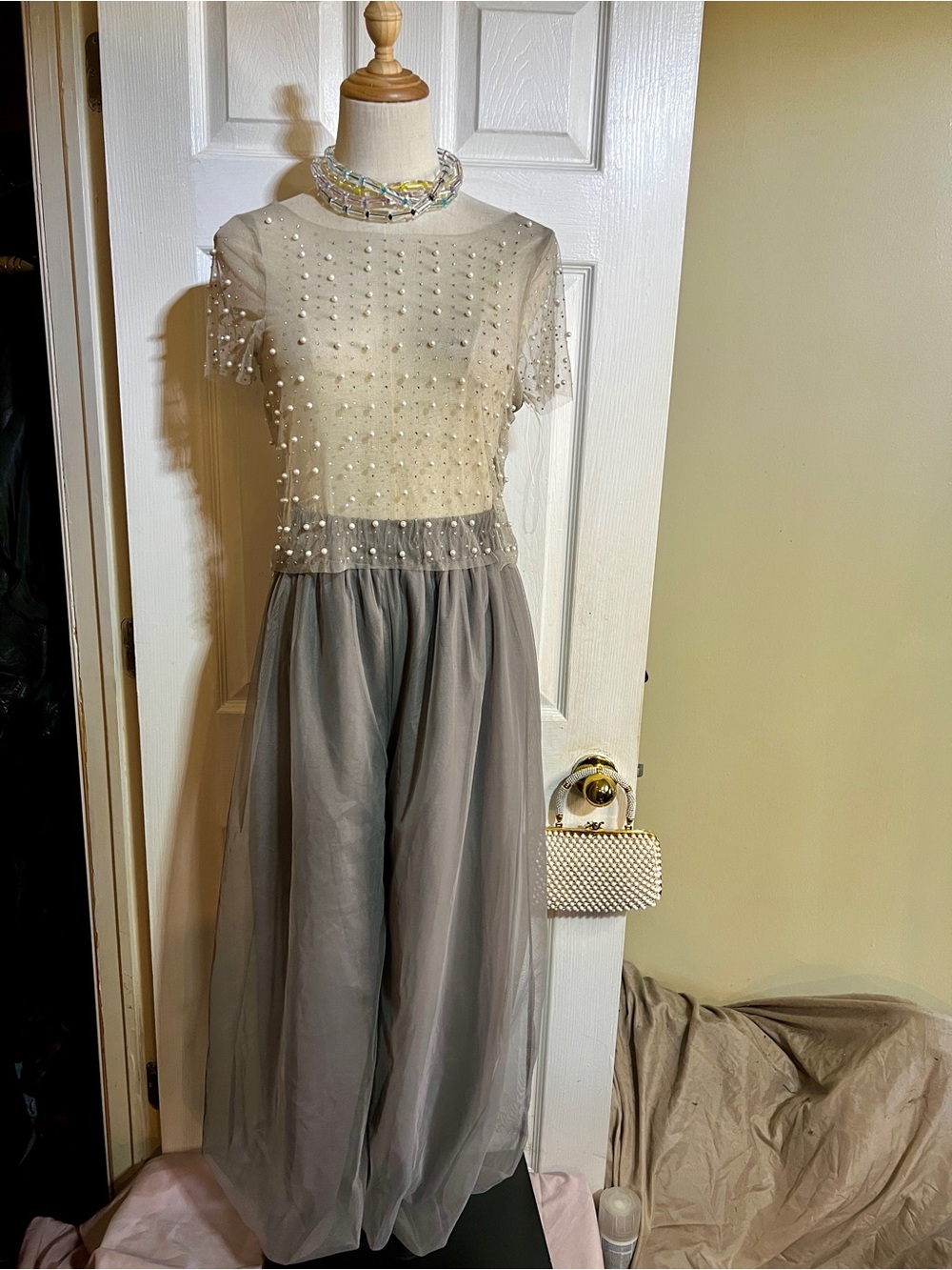 New Faded Rose Wms Gray Sheer Mesh Pearl Rhinestone Sparkly Fairy Festival Top S